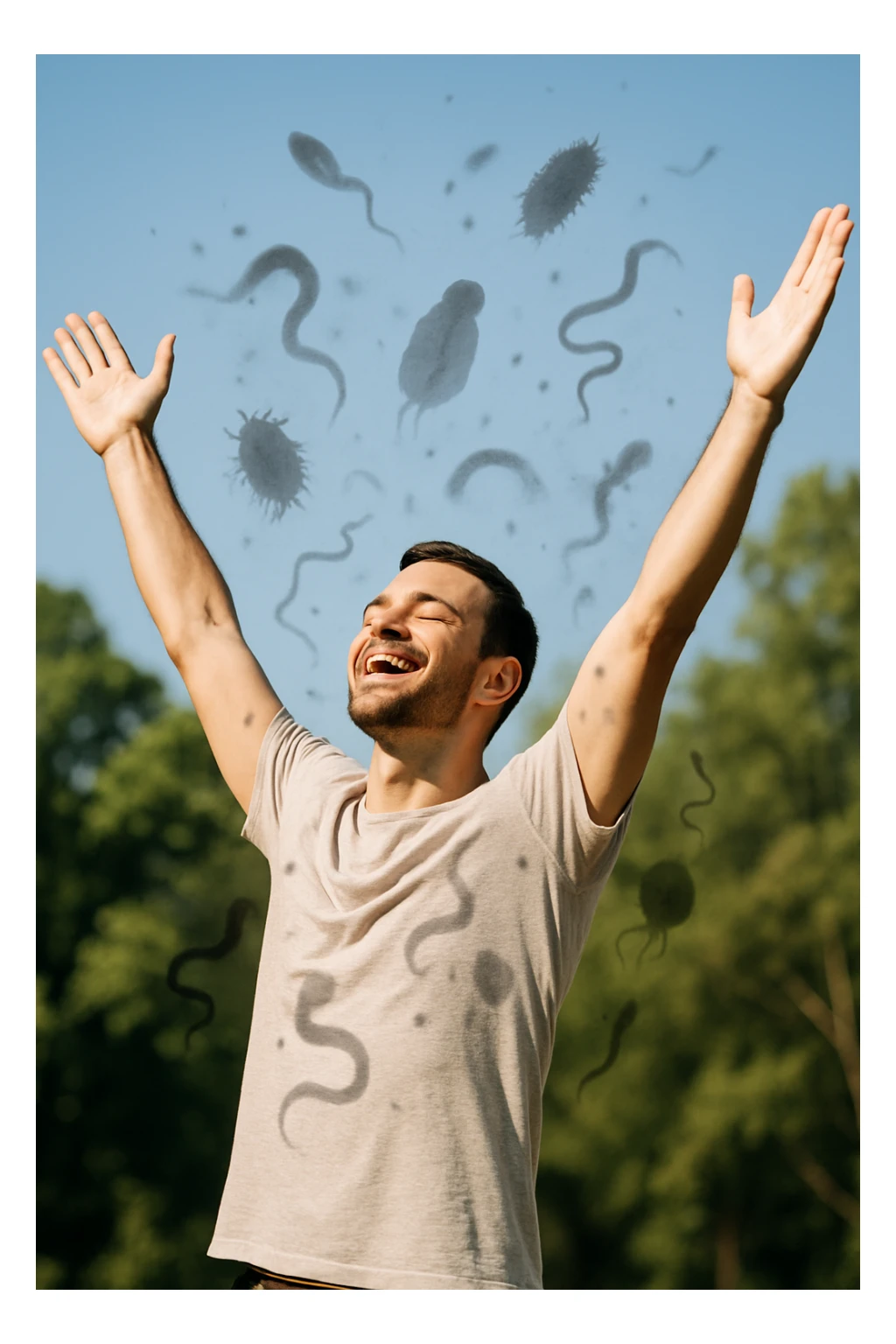 a man stands outdoors in bright sunlight, arms raised in relief and joy, while faint, shadowy silhouettes of parasites fall away from his body and dissolve into the air. His posture is upright and energetic, his expression serene and healthy. The background features green trees and a clear sky, emphasizing liberation and restored well-being. sticker