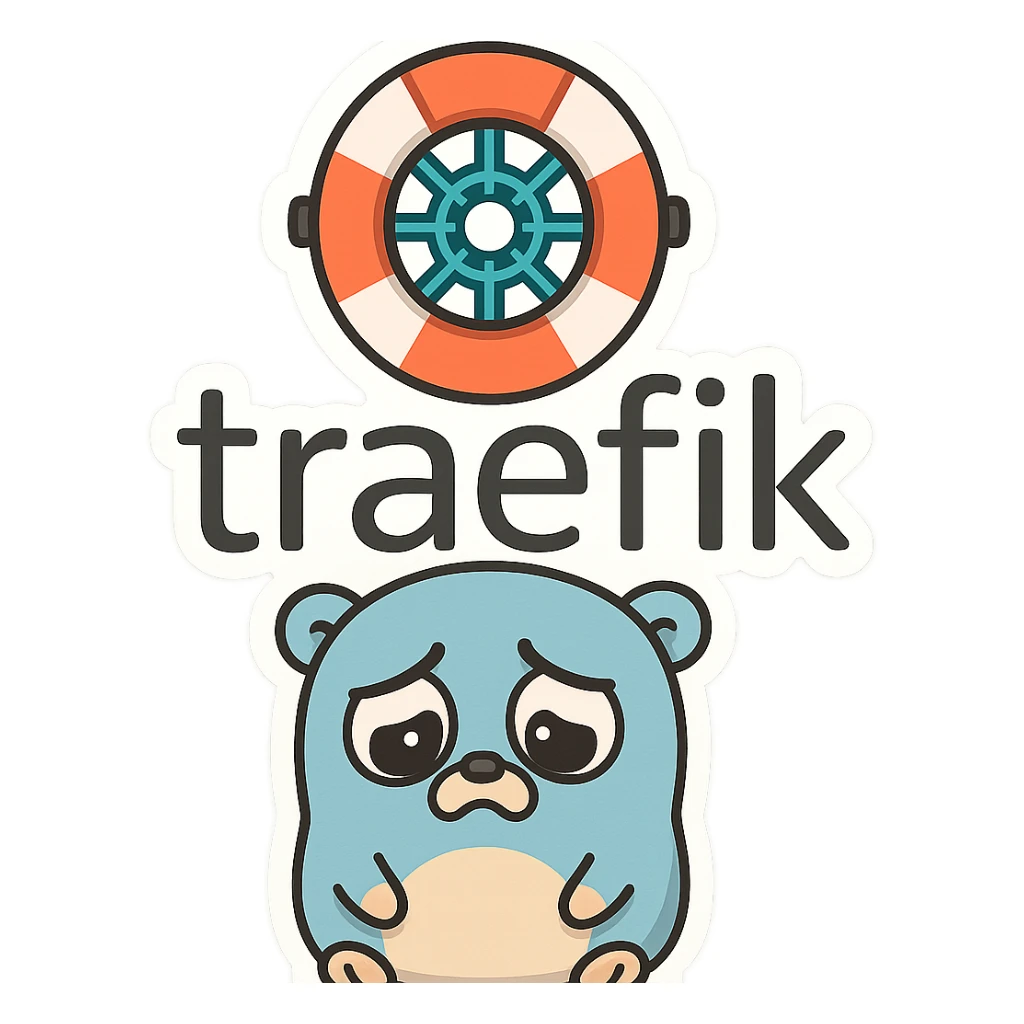 Traefik logo with a sad Go gopher, minimal, clear emotion, cartoon style sticker