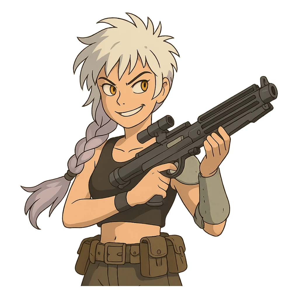 1 FEMALE, GOLD YELLOW EYES, WHITE HAIR LAVENDER TIPS, MESSY LOCKS BANGS MOHAWK, LONG BRAID, small black sports tank top, a single large light gray shoulder pad, tactical belt with many pouches, HOLDING A STORMTROOPER'S E11 BLASTER RIFLE, BRANDISHING, mischevious GLARE, style of star wars original character sticker