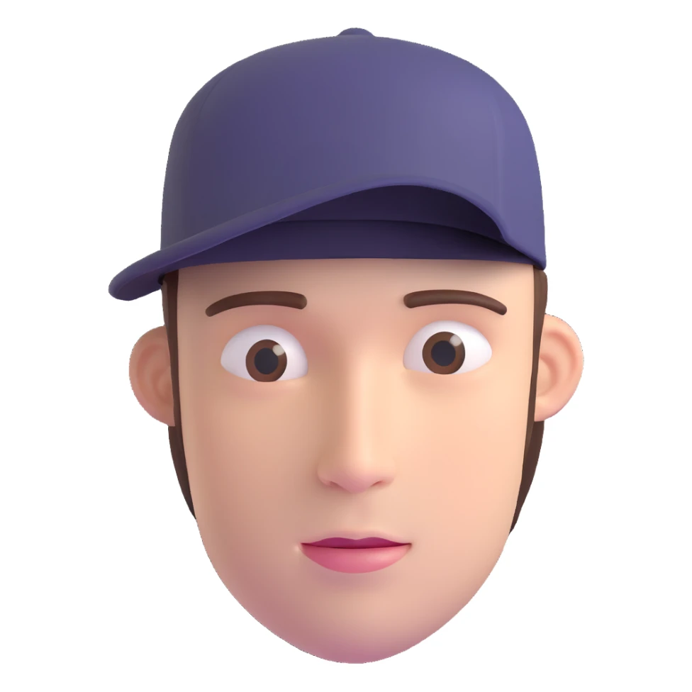 man 30 years old, hair coming out from under cap, with diastema sticker