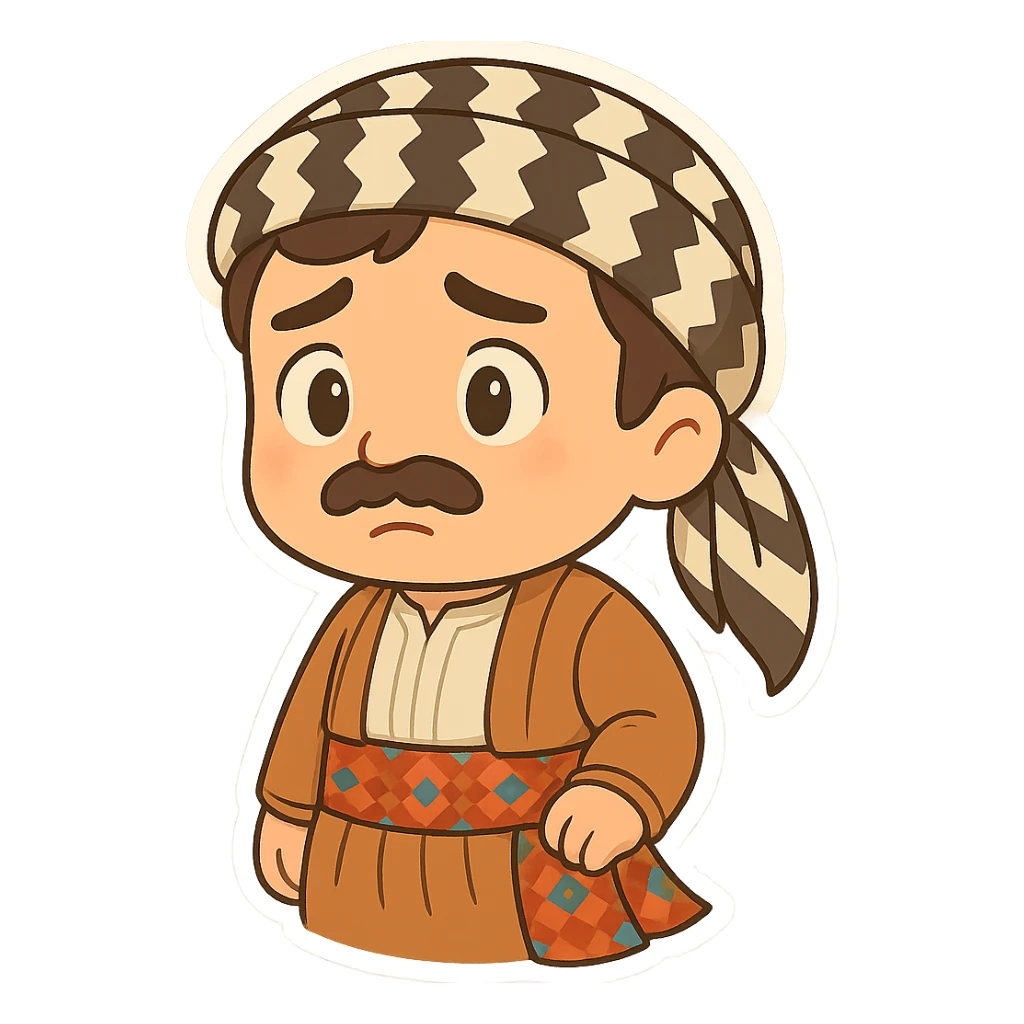 Create a chibi Kurdish cartoon sticker based on the reference image, showing a worried (concerned) expression, with a transparent background. sticker