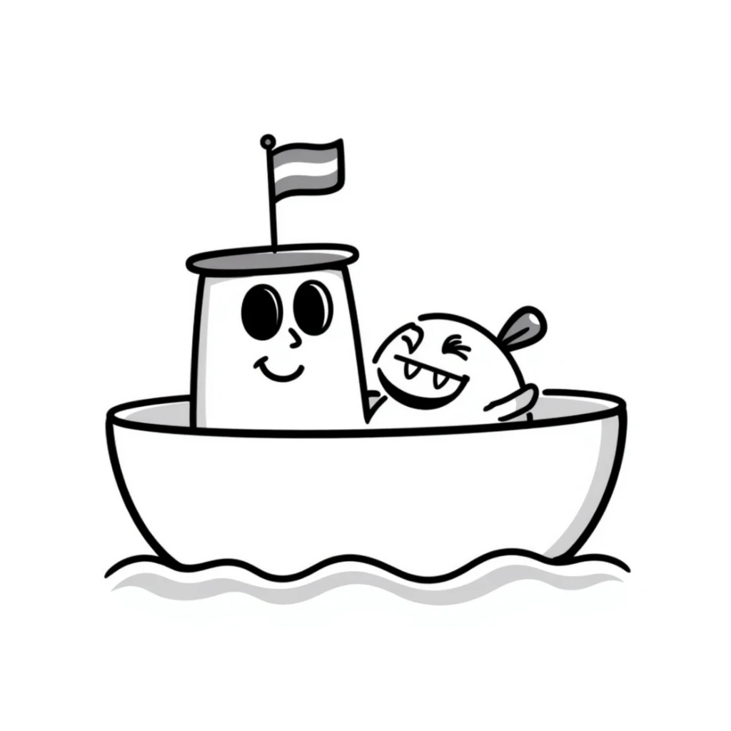 A hand-drawn bath toy boat with a silly grinning face and little flag sticker