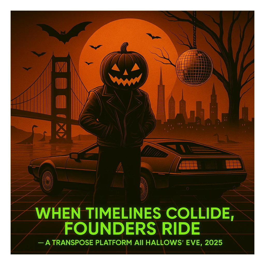 Add the words below the DeLorean, make the words neon retro green, When Timelines collide, Founders ride — a Transpose Platform All Hallows’ Eve, 2025.  sticker
