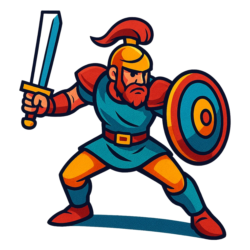 warrior dynamic pose, bright colors, comic book effect sticker