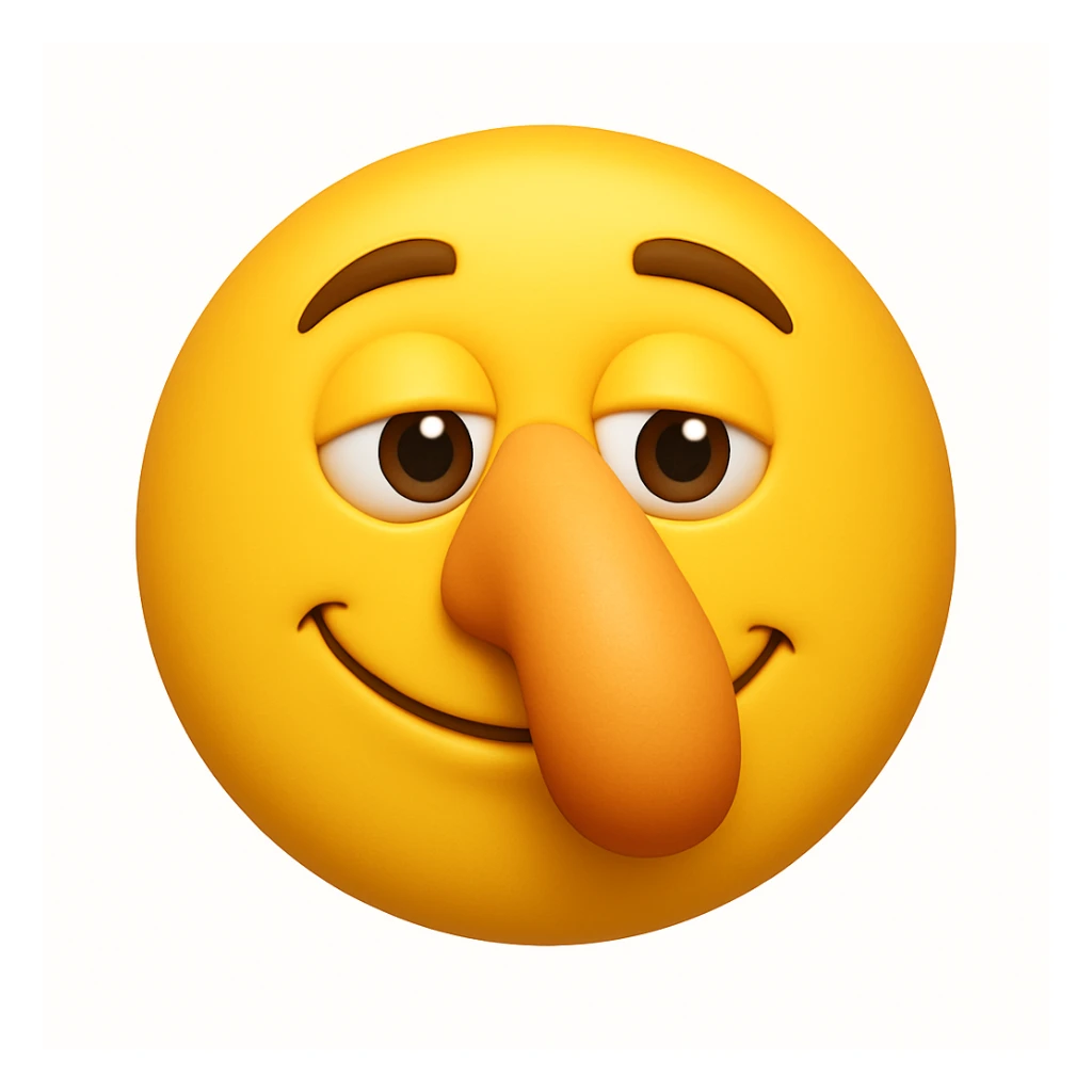 Create a yellow smiley face emoji with a large nose and the same facial expression as the reference image. The style should be 3D iOS emoji style, capturing the exact look and feel of the original emoji. Add a soft shadow under the nose. sticker