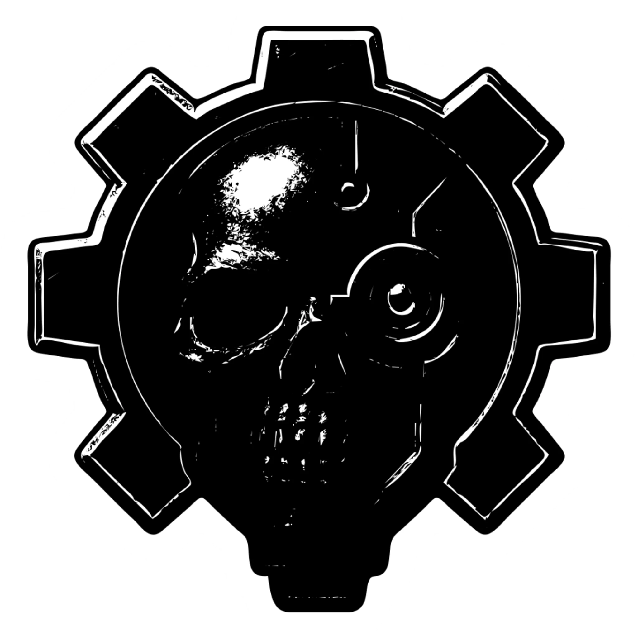 Add red and black color to the cyborg skull within a mechanical cogwheel, inspired by Adeptus Mechanicus, detailed and metallic, preserve transparent background, sharp lines, logo style. sticker