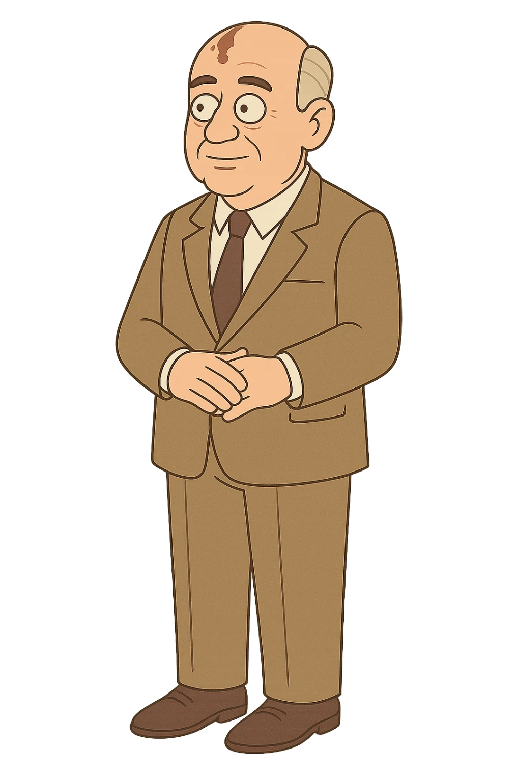 the full body of Soviet leader Mikhail Gorbachev looking calm and interested with his hands in in front of his body. He is wearing a 1980s light brown suit sticker