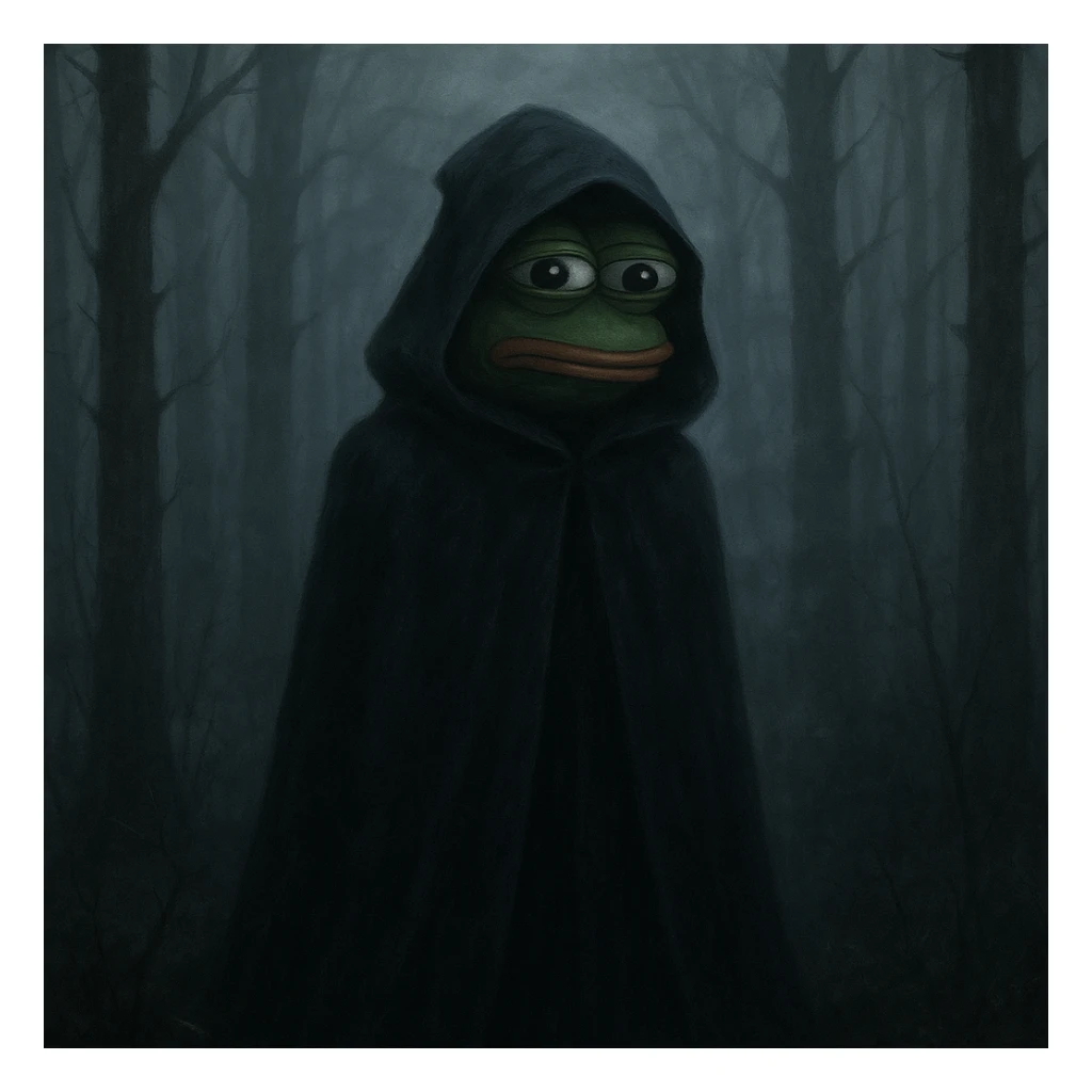 Пэпэ with a dark cloak and a mysterious aura, standing in a foggy forest sticker