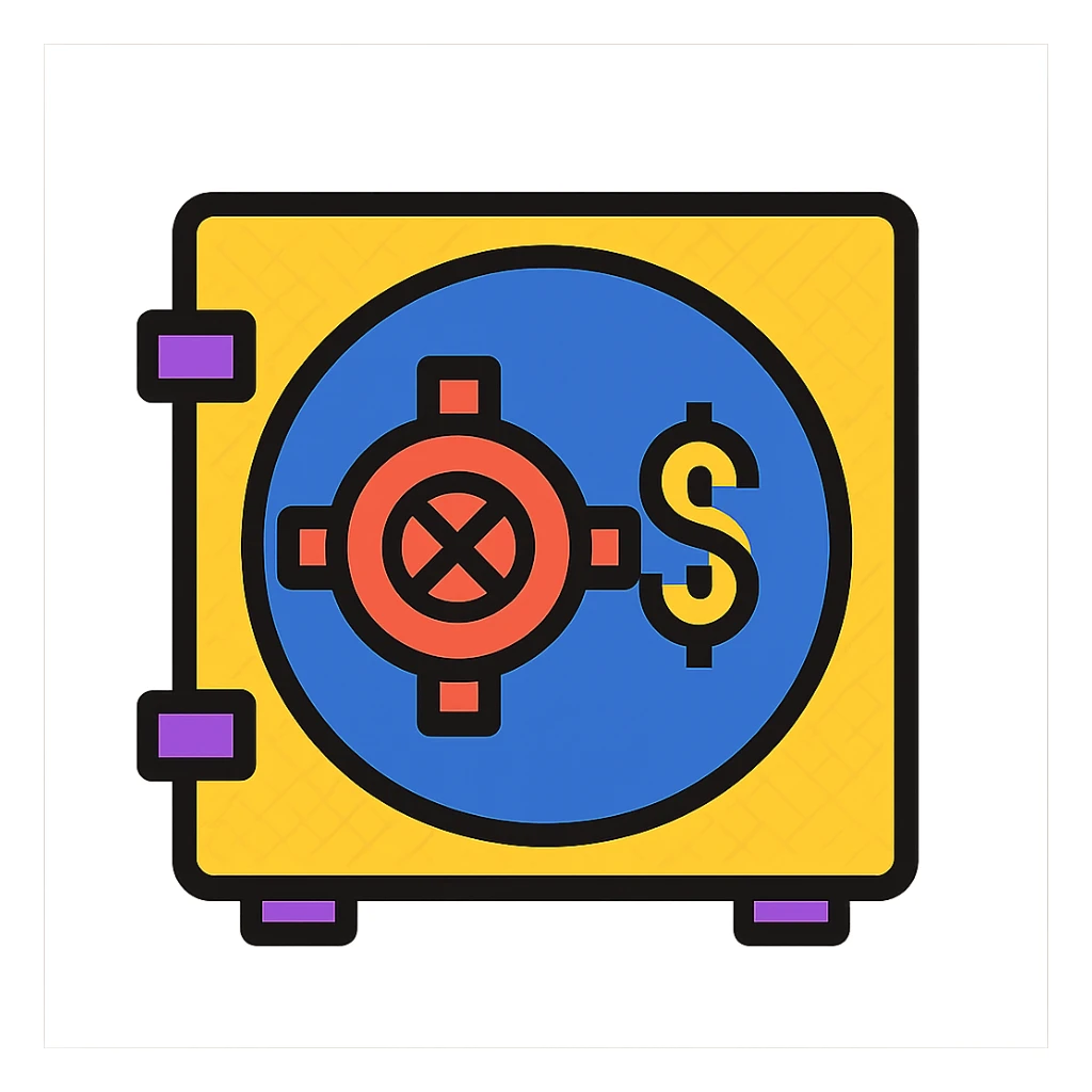 face fronting bank vault, color icon style, round vault door, bold colors, security theme sticker