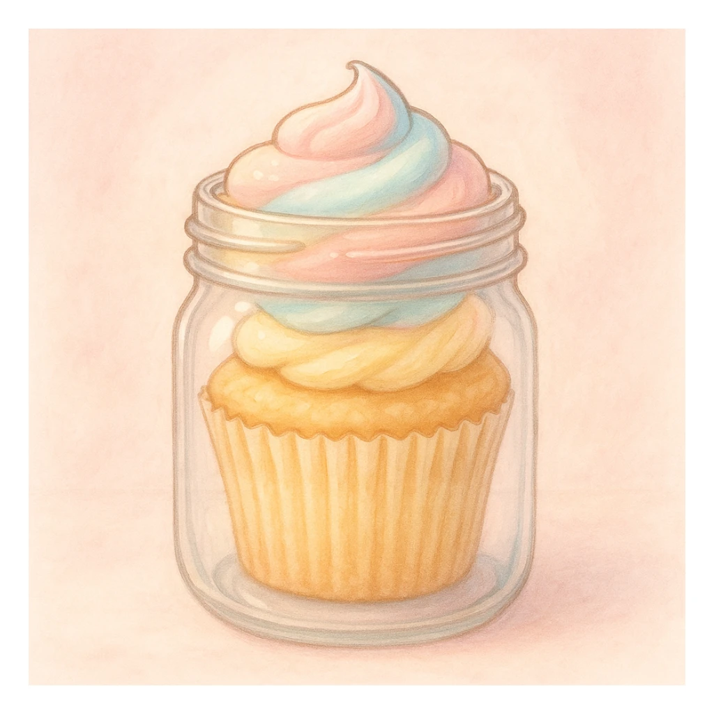 a vanilla cupcake inside a mason jar, pastel colors, cute and appetizing, frosting peeking over the rim sticker