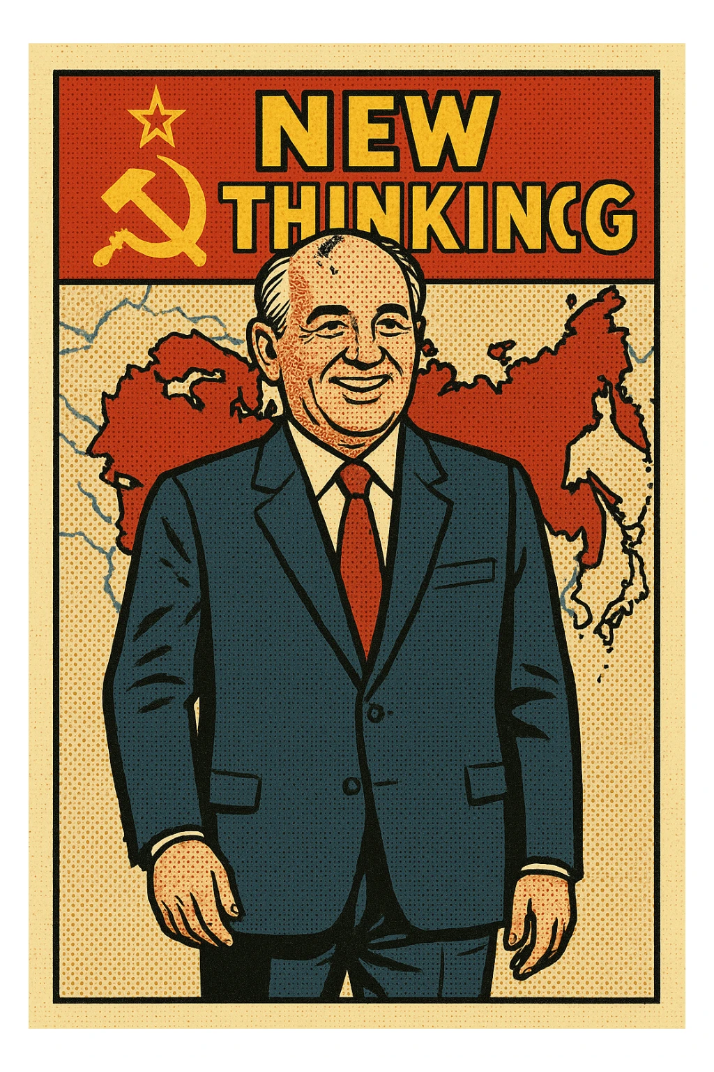 The full body of Soviet leader Mikhail Gorbachev with a smile on his face with a map of the Soviet Union and Eastern Europe in the background with the communist flag and a heading which reads 'New Thinking' sticker