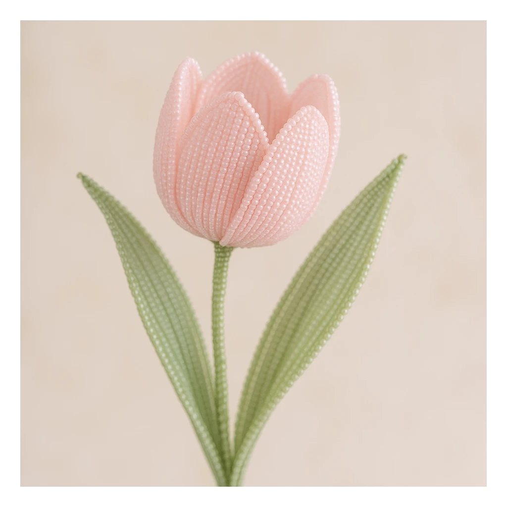 french beaded baby pink tulip, delicate glass seed beads, wirework, soft pastel colors, realistic flower shape, intricate beadwork, delicate and elegant sticker