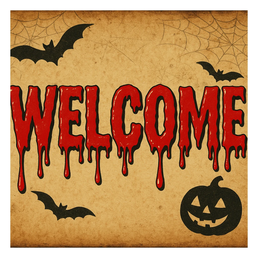 Welcome text with vivid horror style blood drip effect in vintage Halloween card style, keep rest of banner unchanged sticker