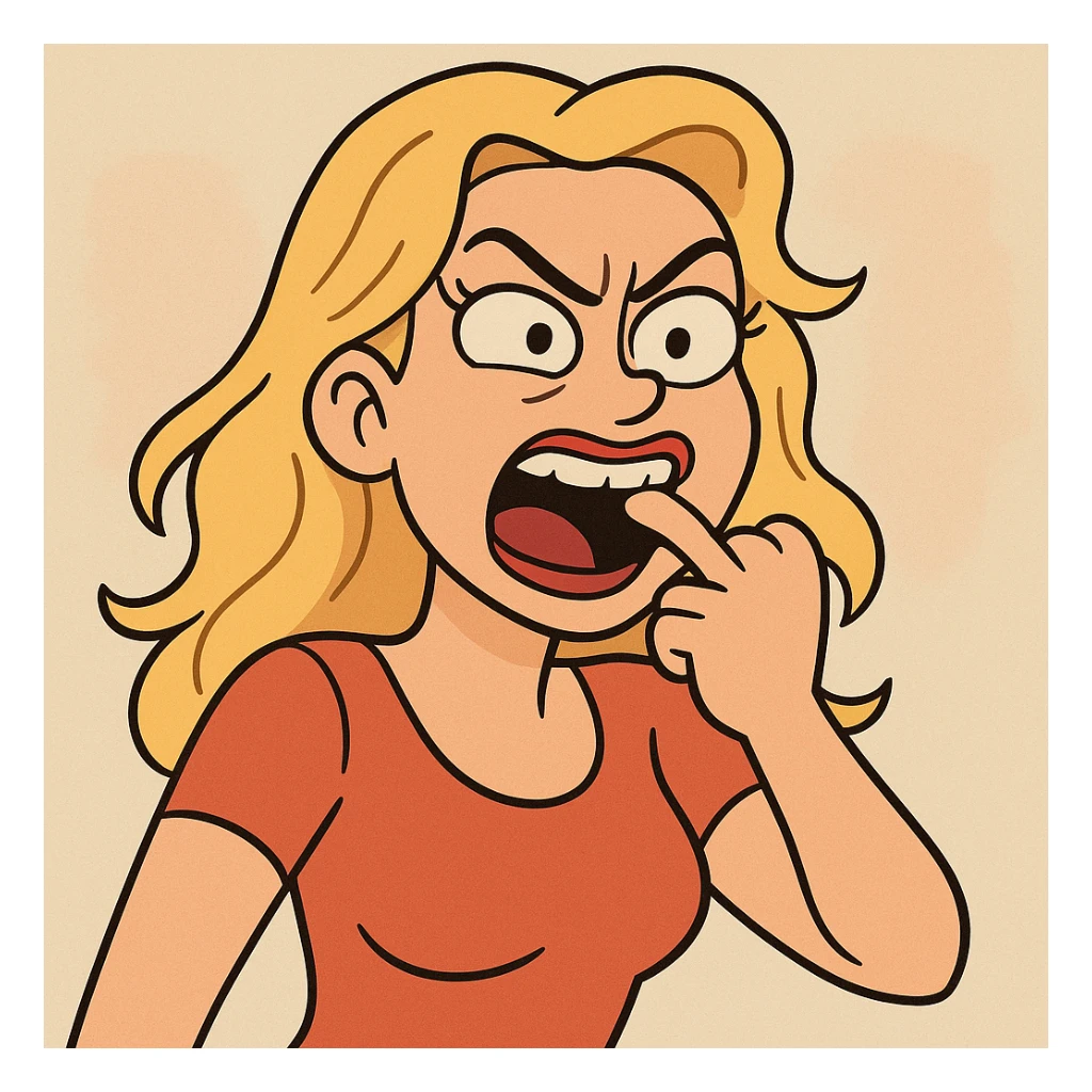 a blonde woman biting her finger boldly, cartoon style, exaggerated expression sticker