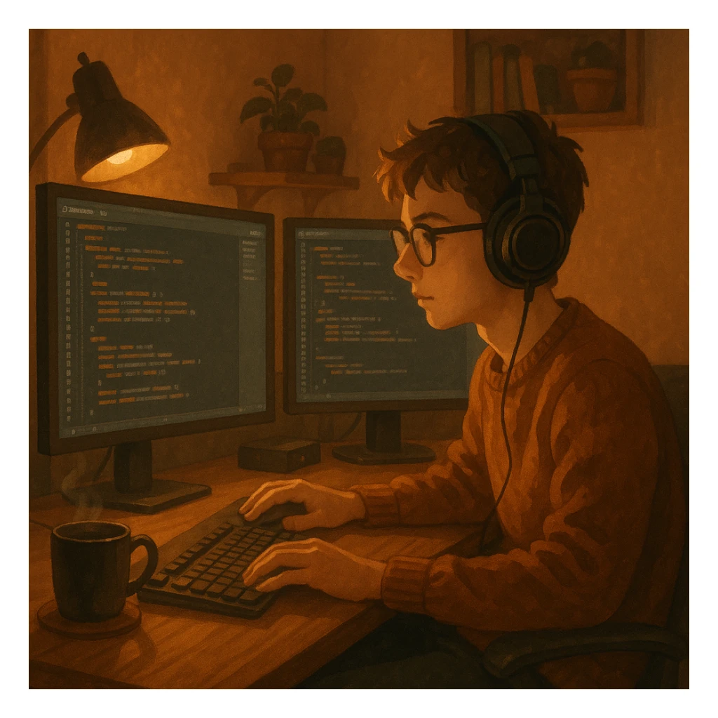 a boy with a headset coding in a cozy setup, warm lighting, monitors, relaxed atmosphere, detailed cozy workspace, ambient lighting sticker