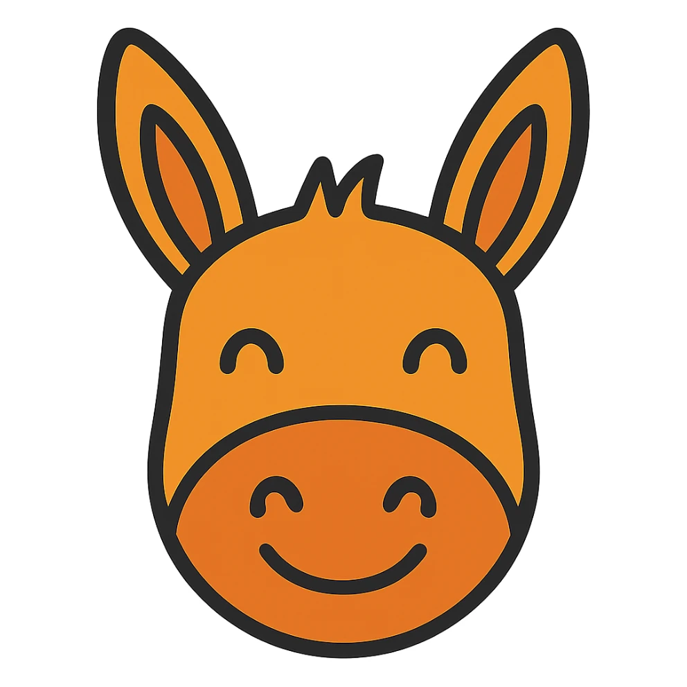Happy donkey head icon in orange tones, color outline style, no background sticker