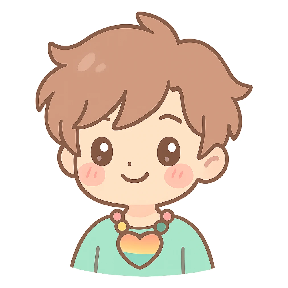 anime boy with stylish hair, wearing a heart-shaped rainbow necklace, blushing, cute and friendly sticker
