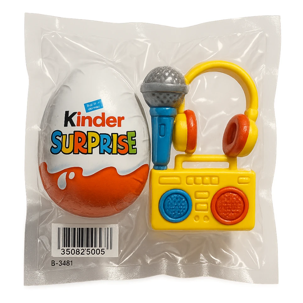 Kinder Surprise egg with standard wrapper next to toys: microphone, boombox, headphones, glossy vacuum-sealed style sticker