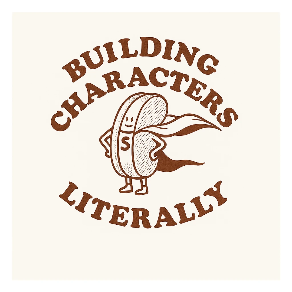 change the text here to be "building characters" on top "literally" on the bottom sticker