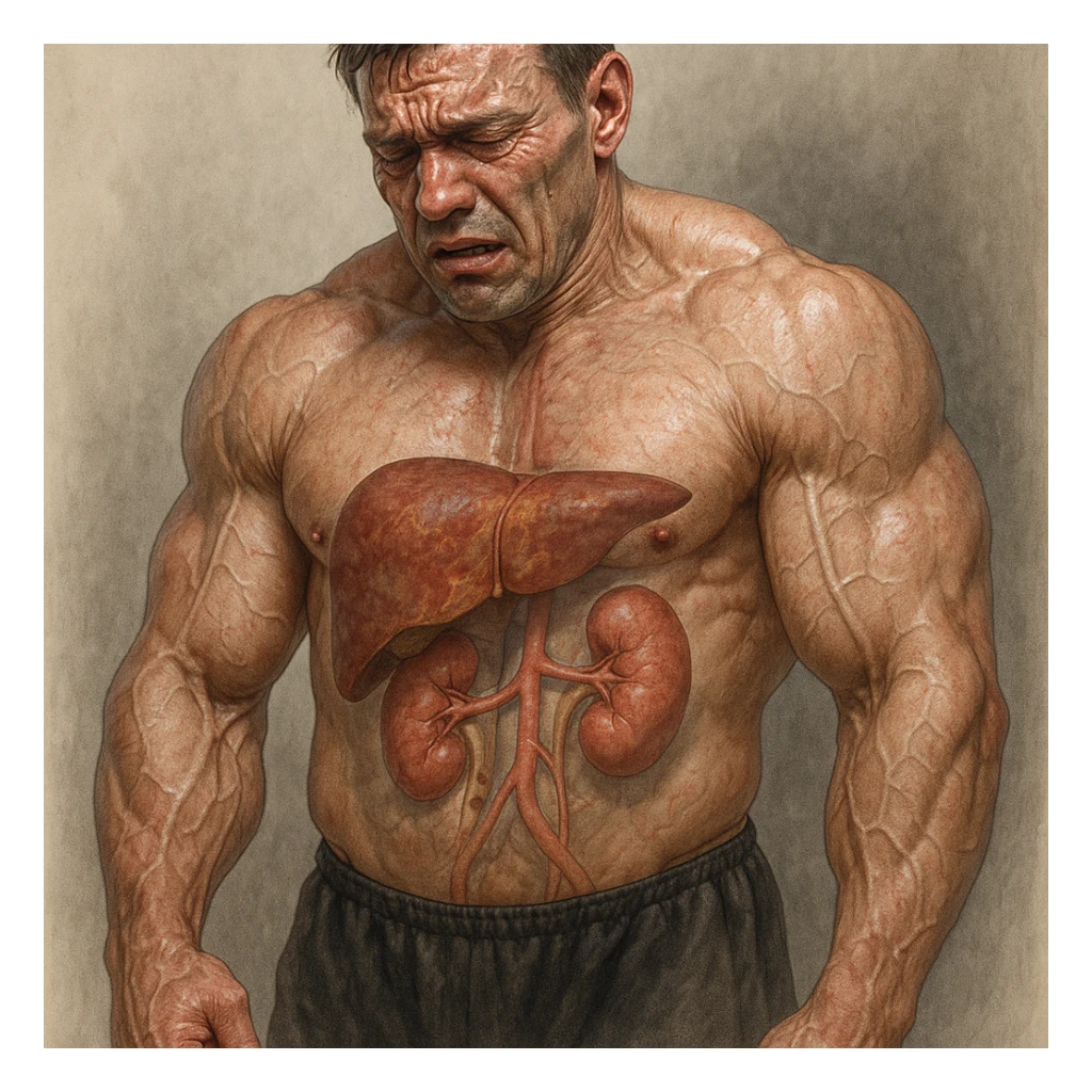  bodybuilder che fa dosaggi a caso di steroidi, e quindi sta male, iper realistica , fai fegato e reni in evidenza sticker