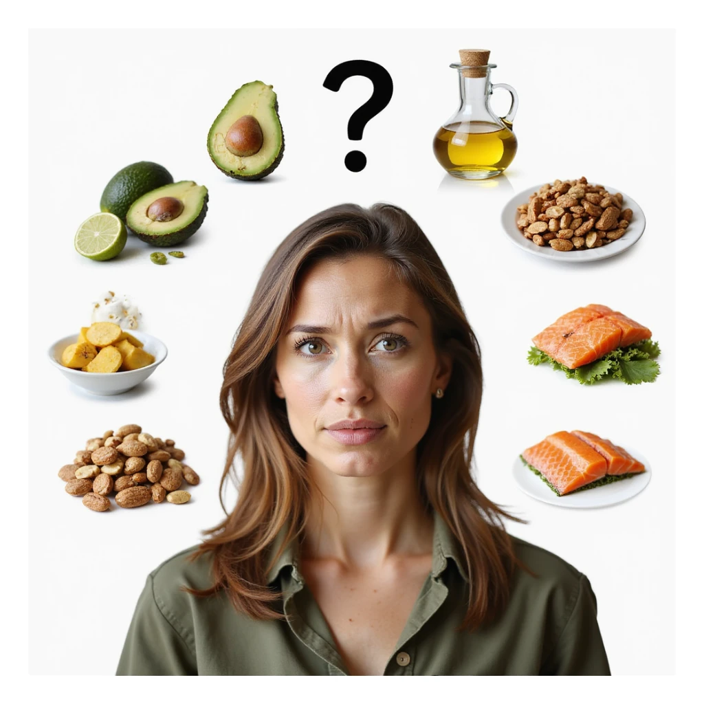realistic woman with perplexed expression, surrounded by realistic icons of healthy fats (avocado, olive oil, nuts, salmon), question mark above head, hyperrealistic details, natural light, PNG without background, variant 2 sticker