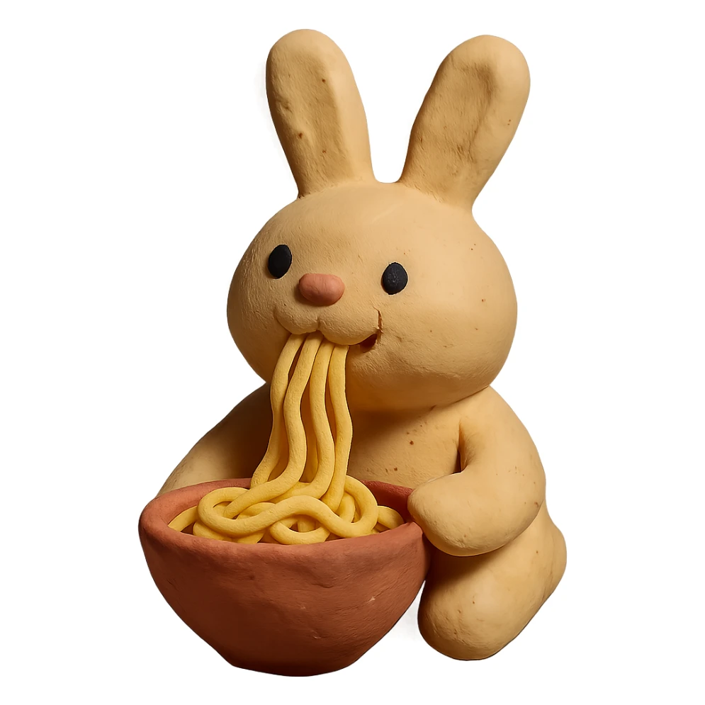 beige bunny happily slurping noodles in claymation style sticker