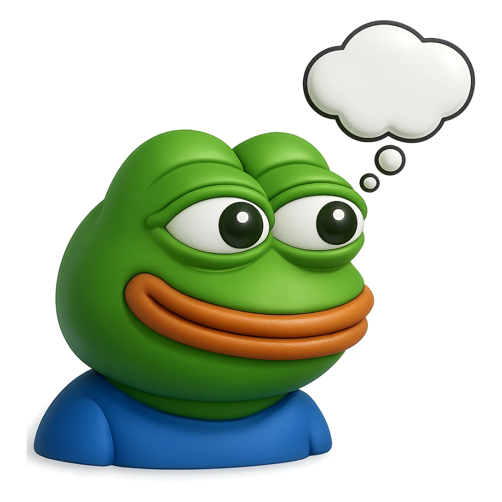 make a pepe in bright green smiling with thought bubble looking at right side in 3d style, good highlights and shadows, drop shadows sticker