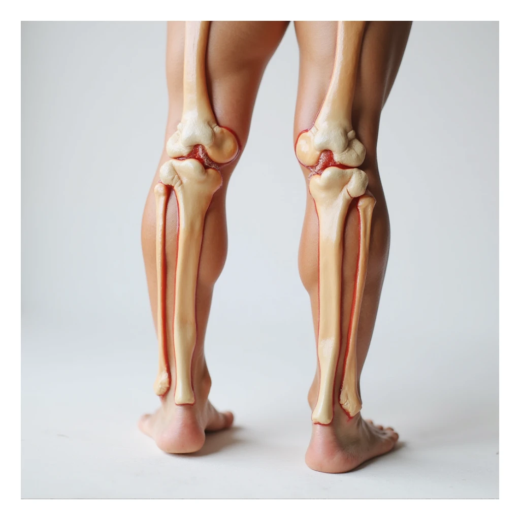 hyperrealistic 4K illustration of valgus knee, lateral view, bones and joint clearly visible, knees touching and ankles apart, white background, very evident valgus deviation, variant 7 with slightly changed leg position sticker