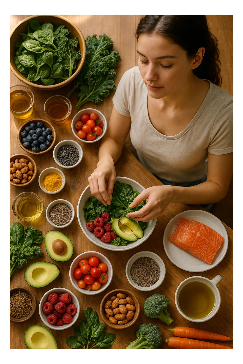 A realistic, cinematic flat-lay image of a clean wooden kitchen table filled with fresh, colorful whole foods known to help reduce androgen excess naturally. The table includes leafy greens like spinach and kale, avocados, berries, colorful vegetables, nuts, seeds (chia and flaxseeds), wild-caught salmon, and herbal teas, carefully arranged in an aesthetically pleasing, organized manner. A small glass bowl with olive oil and another with turmeric powder are included, emphasizing anti-inflammatory properties. In the scene, a young woman with clear, healthy skin and a calm expression is preparing a bowl with these ingredients, symbolizing a hormone-balancing diet. Warm, natural daylight streams in, creating a cozy and inviting atmosphere. The style is hyper-realistic 35mm photography, with vibrant yet soft colors, showcasing textures of the fresh produce and the peaceful vibe of using nutrition to support hormonal balance in italiano sticker