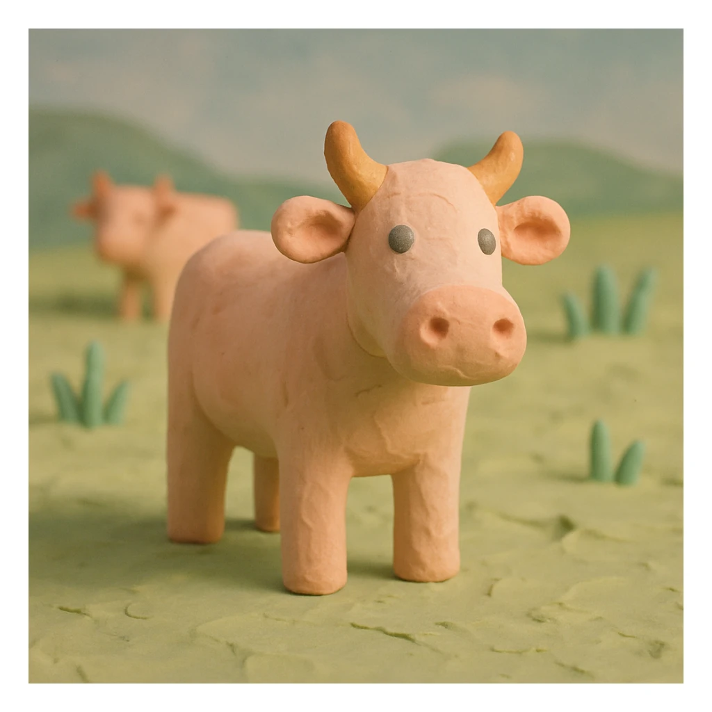 claymation style cattle standing in a field, visible fingerprints, pastel palette sticker