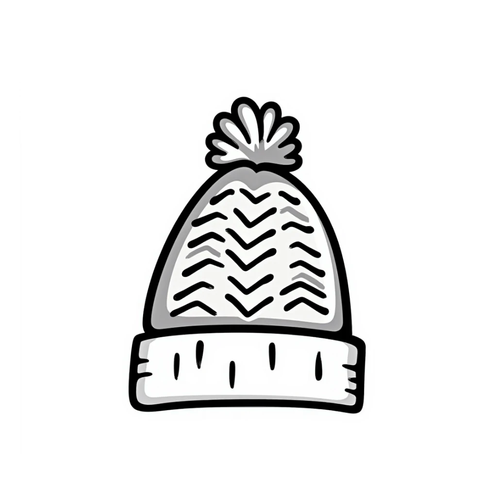 A knitted hat/beanie in pastel colors (dd9fb0, ffc6d3, a3bfc9, c4bee2, f1b091), hand-drawn doodle style sticker