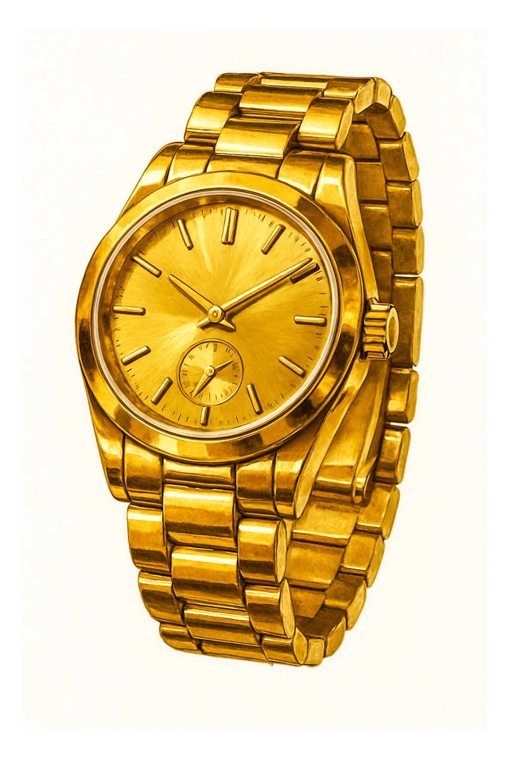 Сгенерируй мне часы ЗОЛОТЫЕ, дорогие, в чуть рисованном стиле. На чисто белом фоне. БЕЗ НАДПИСЕЙ. Но при этом объмная и яркая. Золото не должно быть пластмассовое, оно должно быть блестящие, хорошее sticker