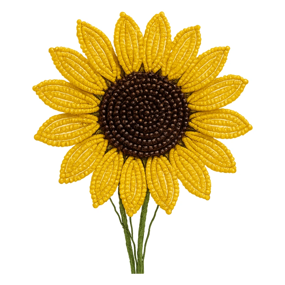 french beaded sunflower, handmade look, visible wire, glossy beads, artistic, no background sticker