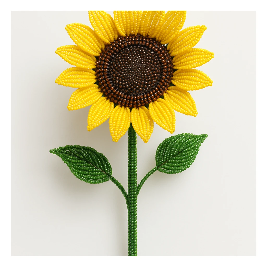 french beaded sunflower with stem, intricate glass beadwork, realistic, vibrant yellow petals, green beaded stem, detailed floral craft, isolated on white background sticker