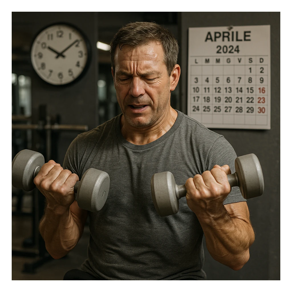 hyper realistic man doing many repetitions with light weights in gym, clock and calendar in Italian symbolizing passing time, realistic details, gym background sticker