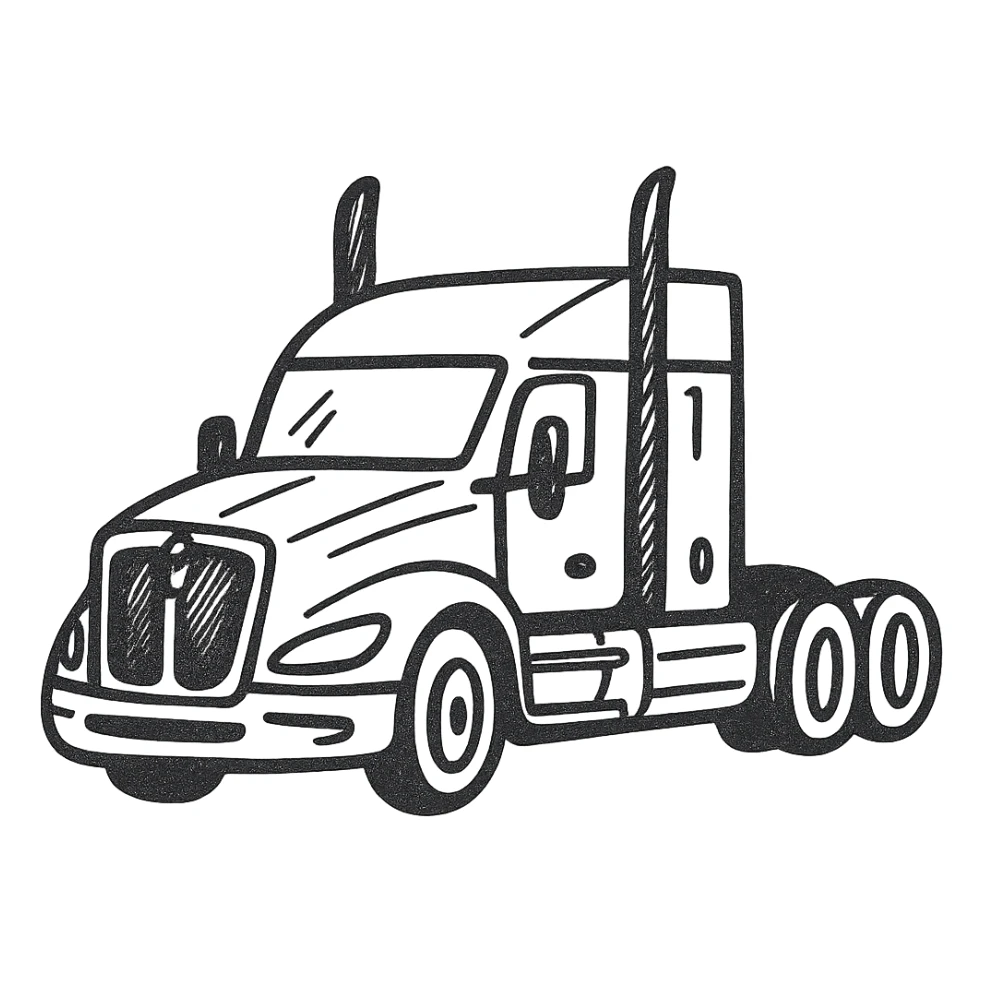 Change the 2026 Kenworth T680 truck to a Flattop version, keep it black with chrome stacks, in a hand drawn icon style with no fill and clean lines, transparent background. sticker