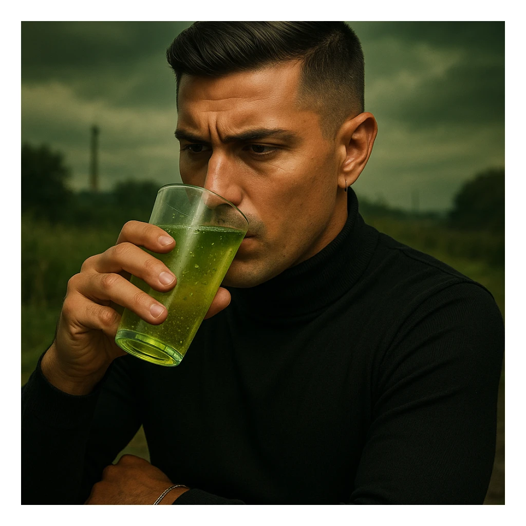 Create a realistic or cinematic style image of a 30-year-old man inspired by the reference image, holding a glass or bottle of water close to his mouth, about to drink. The man has a neutral or slightly thirsty expression. The water is slightly murky or greenish with floating particles and a faint toxic glow. The background is outdoor nature, rural, or industrial, with a foreboding atmosphere and a health warning tone. Emphasize high detail on the water texture and the overall mood is foreboding and cautionary. sticker