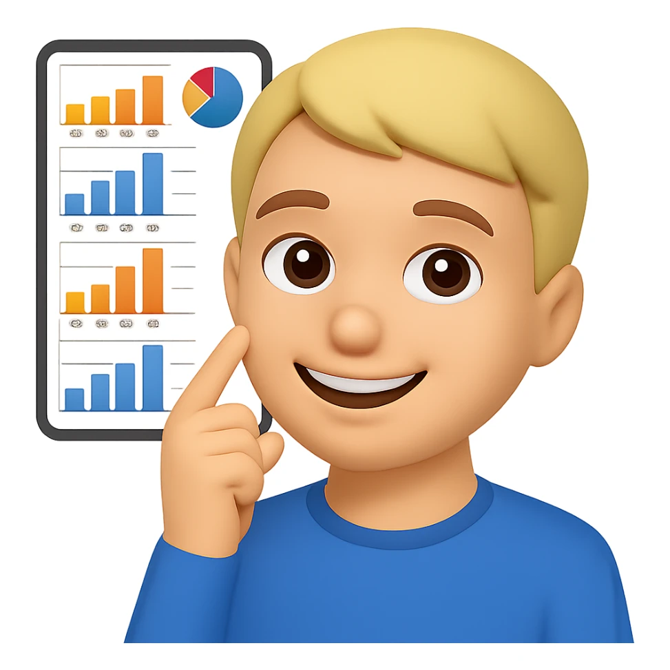 Person thinking with graphs in the background, smiling, in apple emoji style with a pink background. sticker