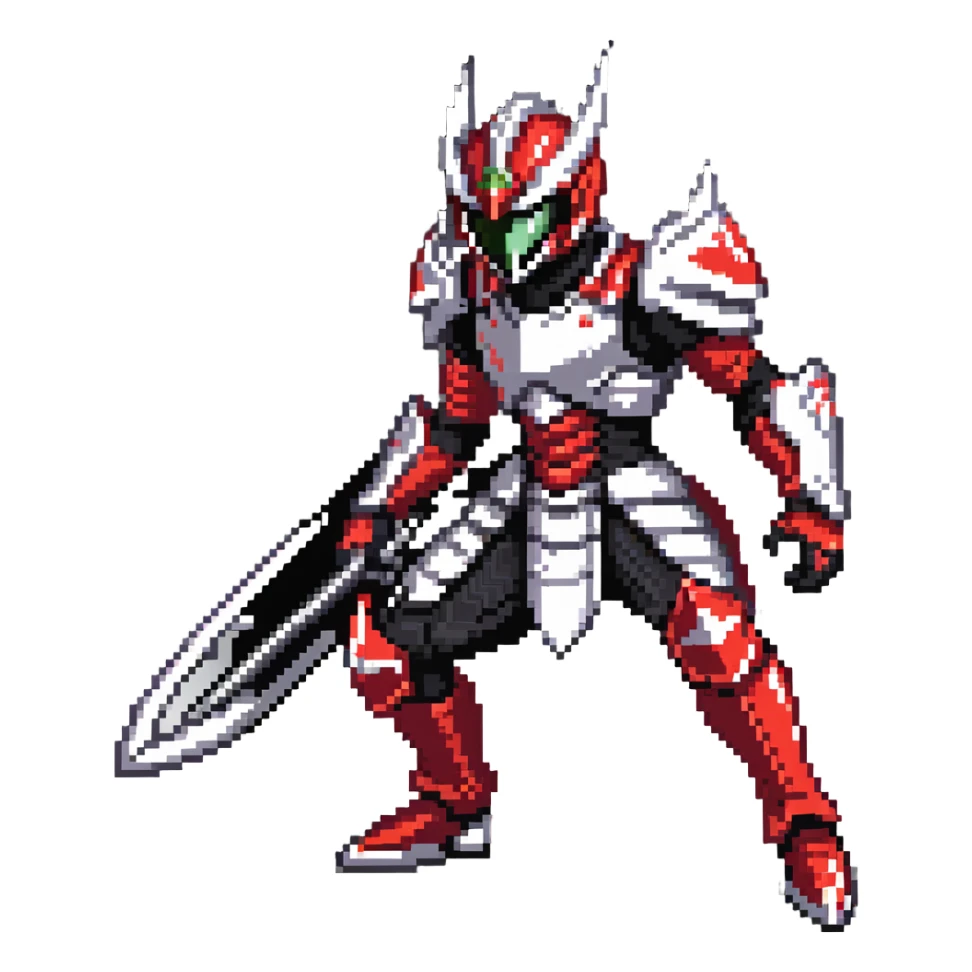 Kamen Rider Ryuki in full red and silver armor with black underlayers, silver dragon-themed helmet with sharp visor slits, intricate scale-like paneling, in a defensive yet ready pose, facing a lunging mirror monster sticker