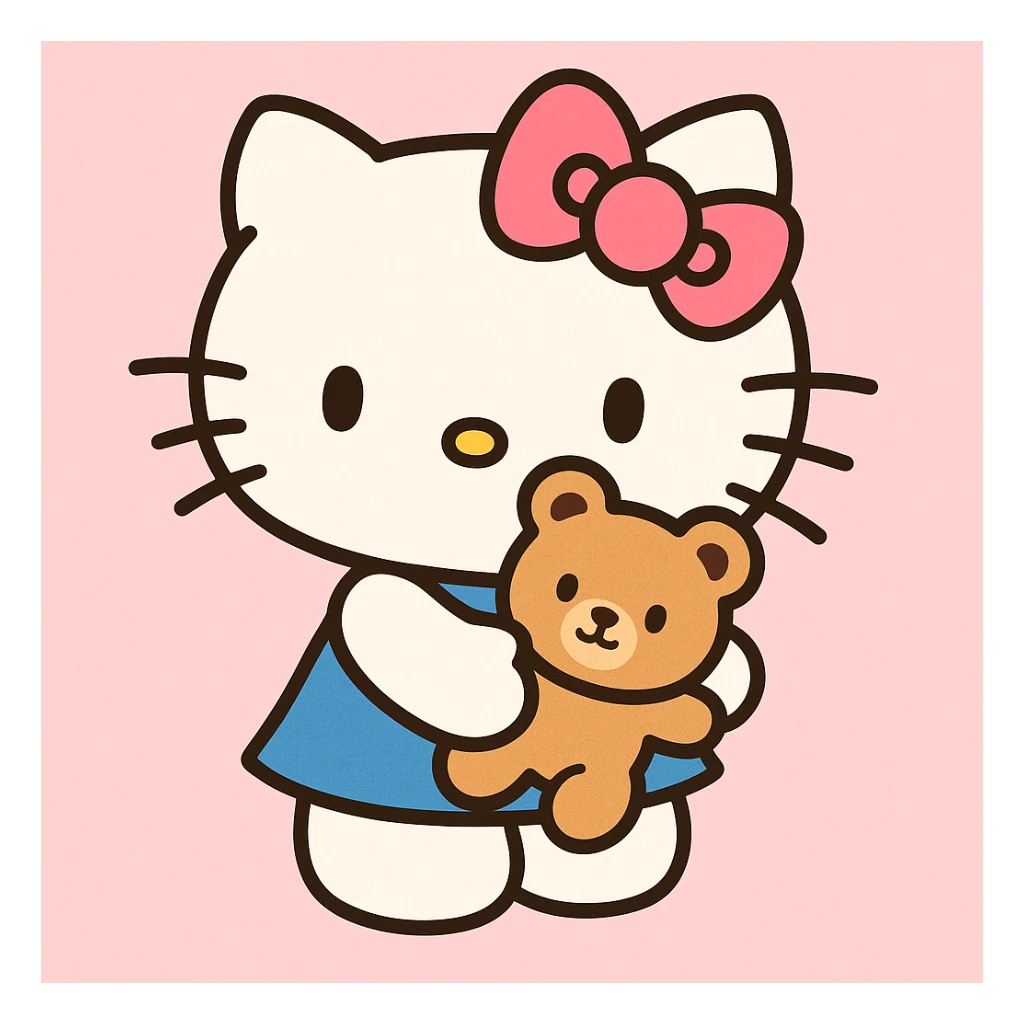Hello Kitty holding a small teddy bear, pastel colors, kawaii style, light pink background sticker