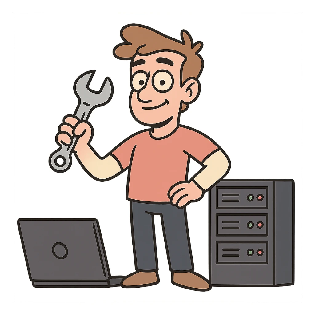 toolkit for a full-stack web developer, including a laptop, wrench, and server rack, flat toon style sticker