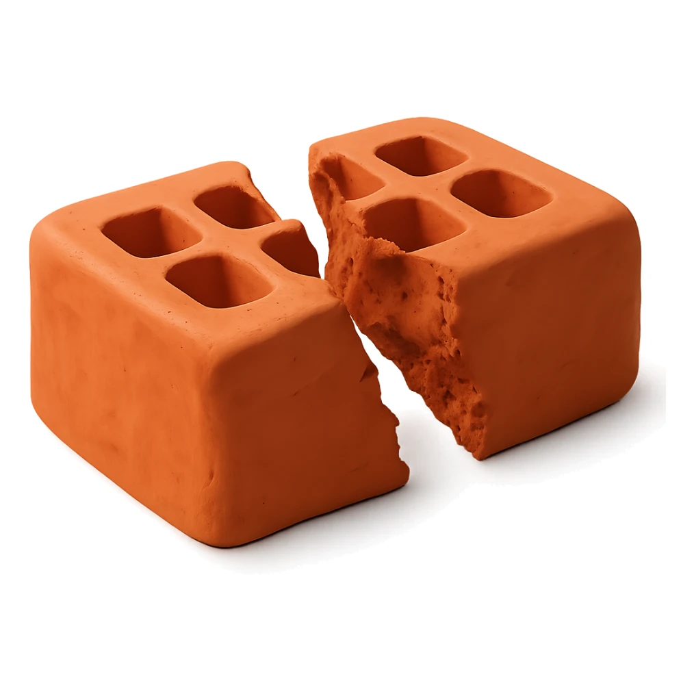 Make the clay brick broken in half with visible jagged edges, maintaining the claymation style, and remove the background. sticker