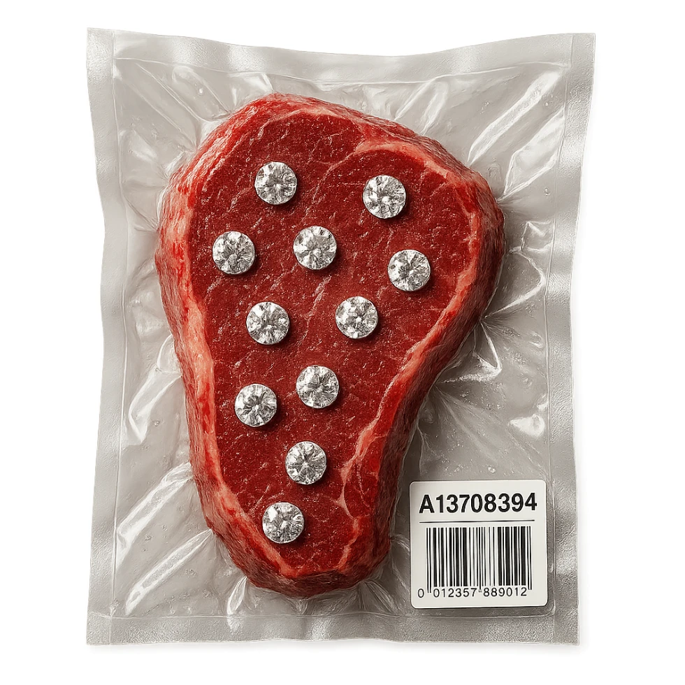 steak with sparkling diamonds embedded, glossy and puffy, vacuum-sealed style sticker