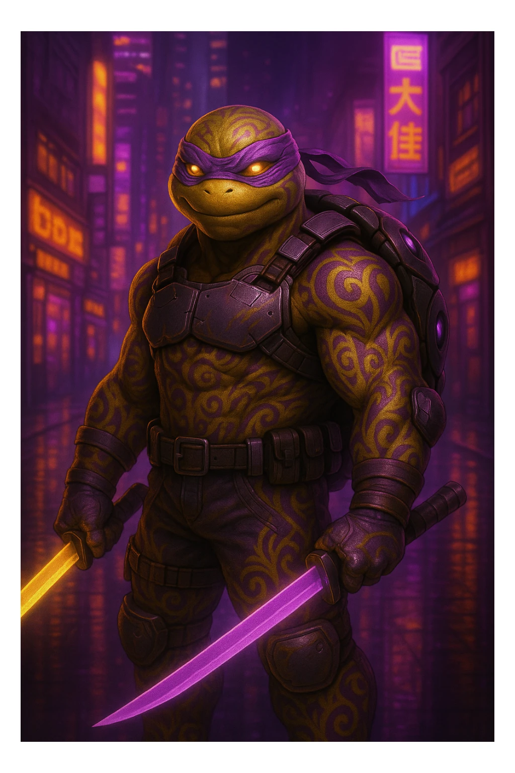 Change the color scheme to purple and gold while keeping the neon-lit dystopian city background vibrant. Ensure the character's tribal markings and tech details remain visible and clear in the image. sticker