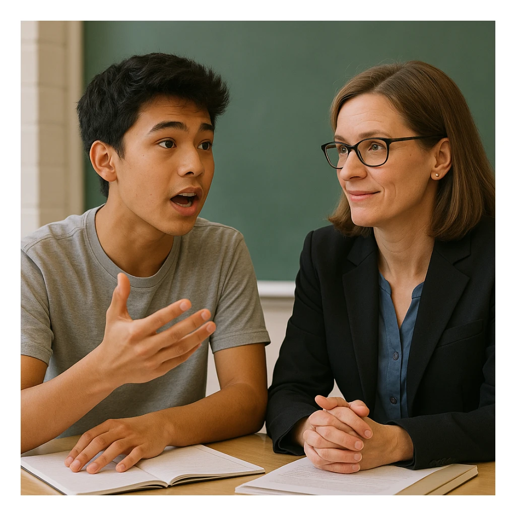a student and teacher in conversation, with the student actively explaining or asking a question, highlighting verbalization sticker