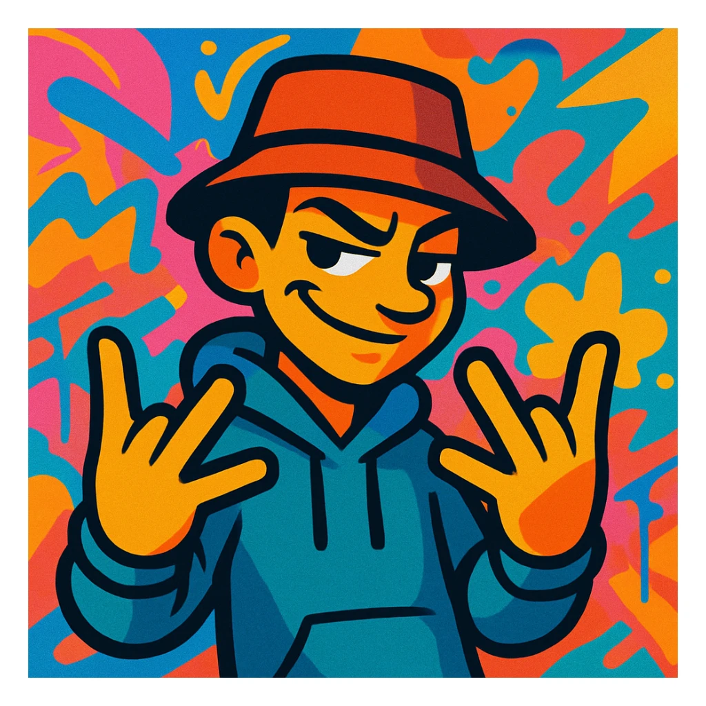 sly cartoon figure throwing up the YVL hand sign on both hands, graffiti-inspired, confident pose, colorful background sticker