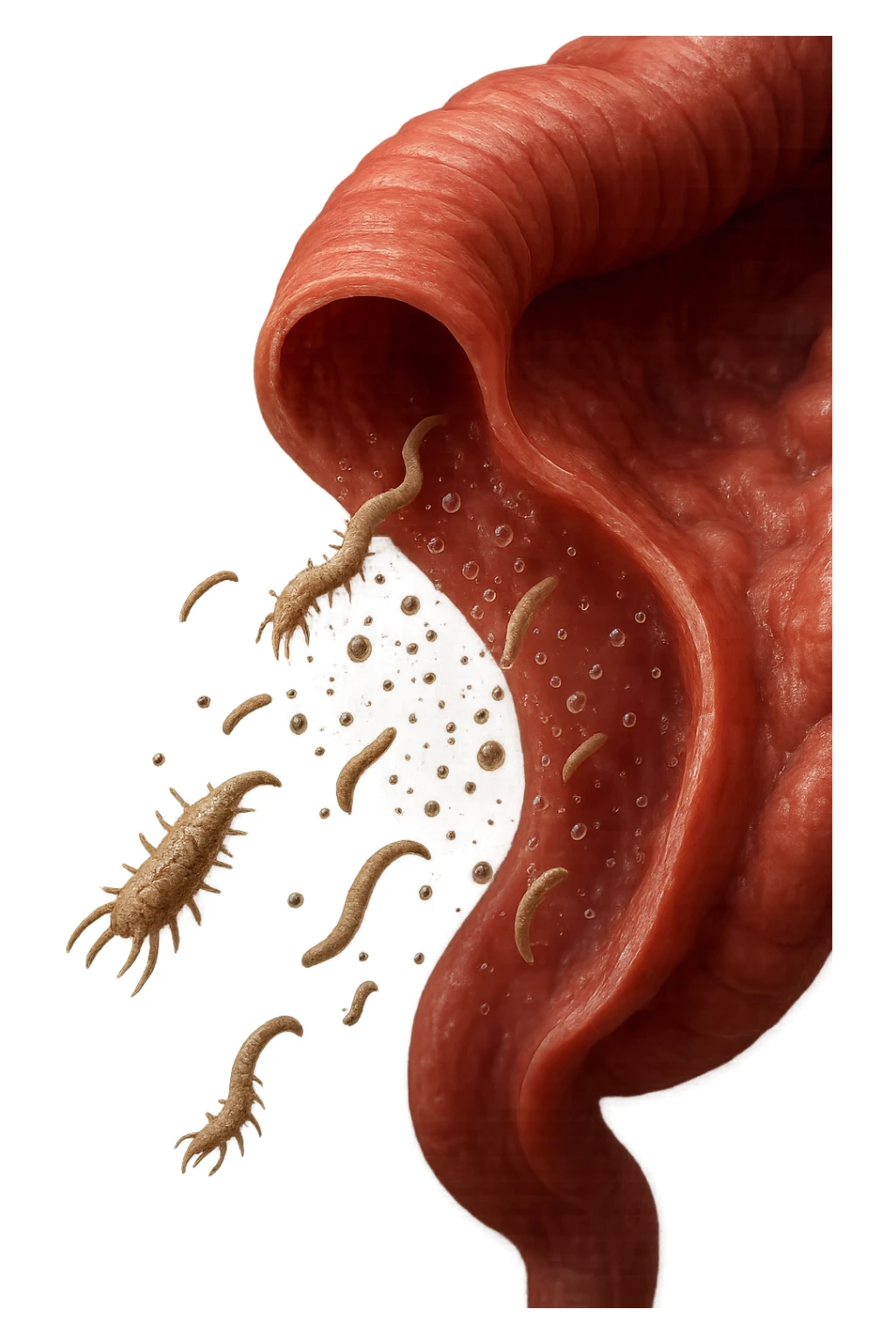 Realistic medical image of microscopic parasites leaving the intestines after taking natural kinesiological drops, symbolizing detox and cleansing. sticker