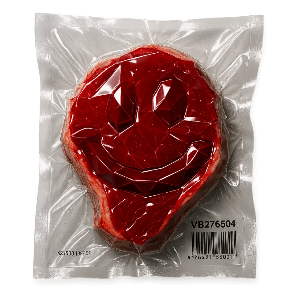steak with facets like a diamond, very glossy, vacuum-sealed style sticker