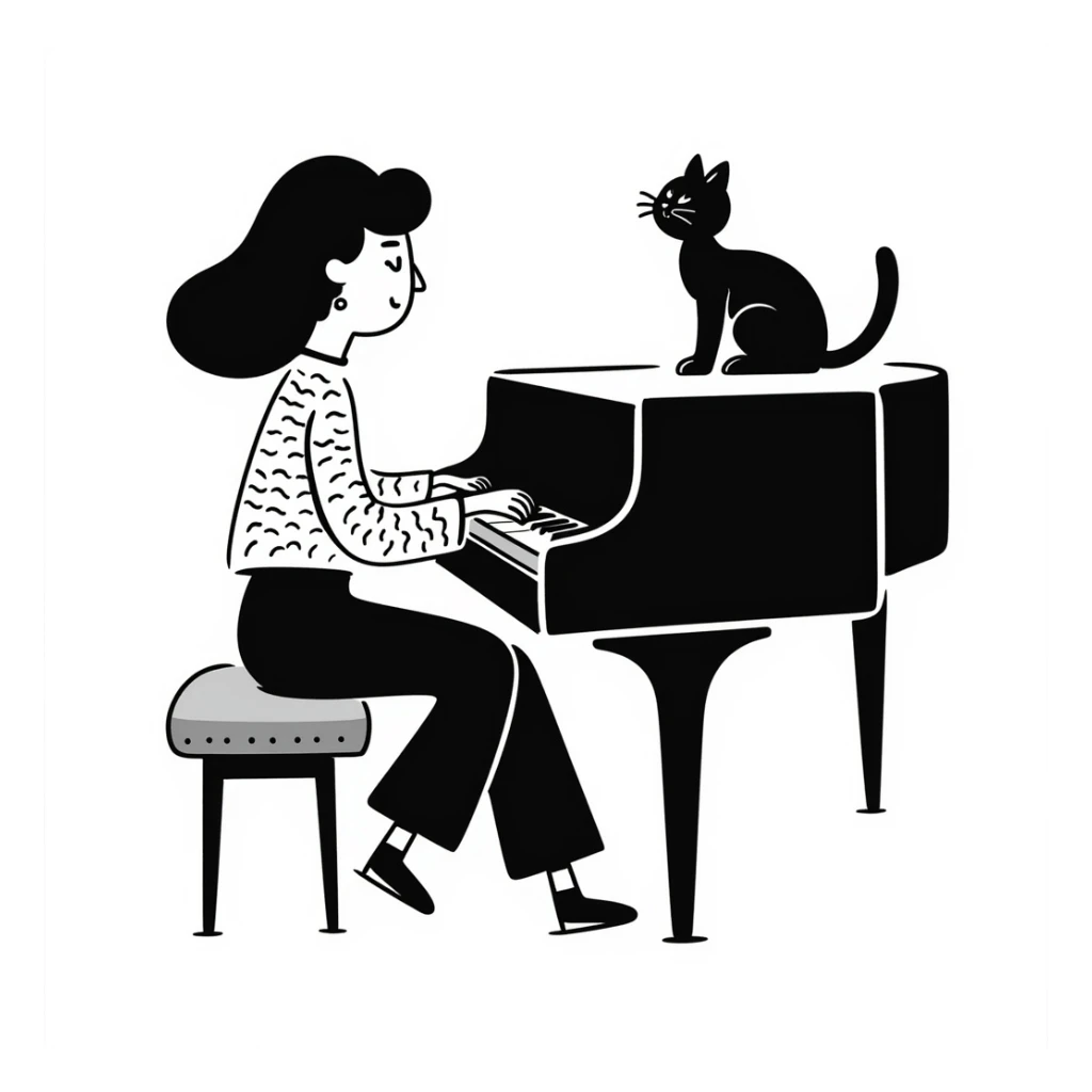 woman playing piano while her cat sits on top of the piano sticker