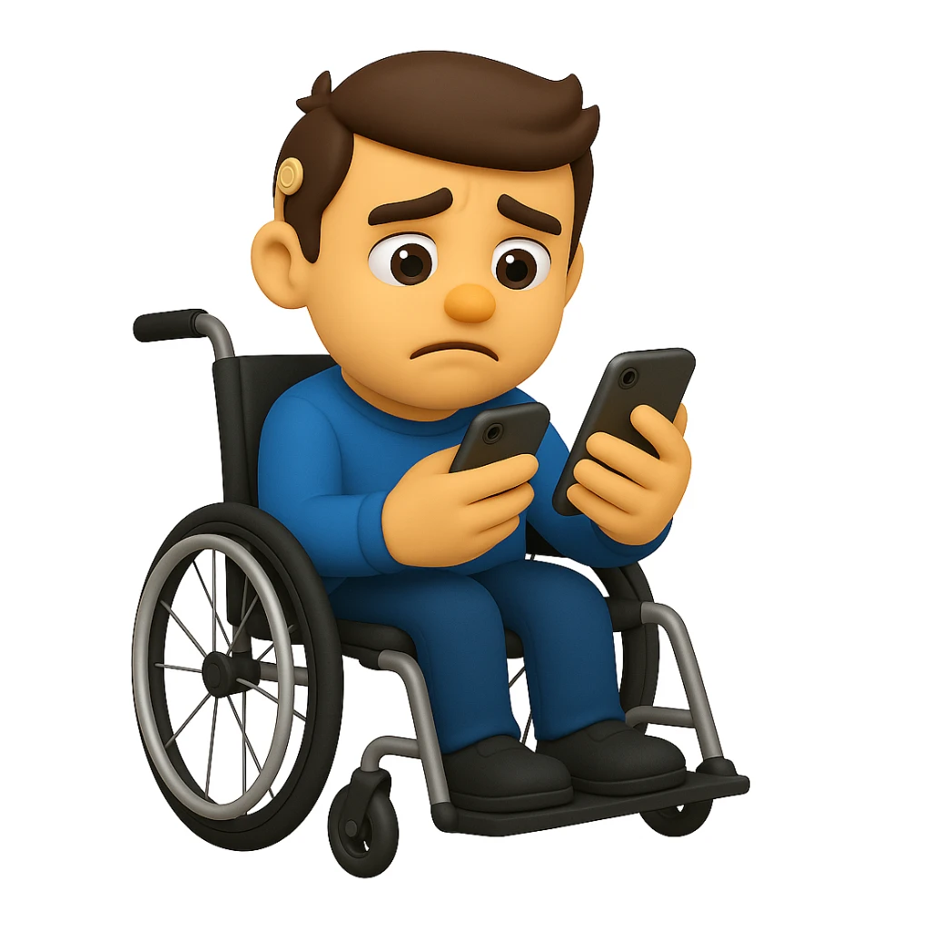 Add a modern wheelchair, keeping the man in the same 3D emoji style and pose, with the hearing aid still visible. sticker